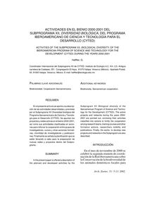 ACTIVIDADES EN EL BIENIO 2000-2001 DEL SUBPROGRAMA XII, DIVERSIDAD BIOLÓGICA, DEL PROGRAMA IBEROAMERICANO DE CIENCIA Y TECNOLOGÍA PARA EL DESARROLLO (CYTED)(ACTIVITIES OF THE SUBPROGRAM XII, BIOLOGICAL DIVERSITY, OF THE IBEROAMERICAN PROGRAM OF SCIENCE AND TECHNOLOGY FOR THE DEVELOPMENT (CYTED) DURING THE YEARS 2000-2001)