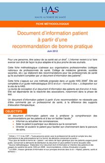 Document d information patient à partir d une recommandation de bonne pratique - Info patient - Fiche méthodologique