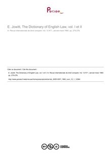 E. Jowitt, The Dictionary of English Law, vol. I et II - note biblio ; n°1 ; vol.12, pg 275-276