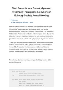 Eisai Presents New Data Analyses on Fycompa® (Perampanel) at American Epilepsy Society Annual Meeting