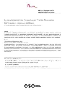 Le développement de l évaluation en France. Nécessités techniques et exigences politiques - article ; n°2 ; vol.42, pg 235-262