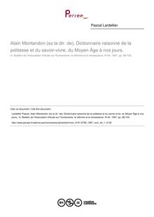 Alain Montandon (ss la dir. de), Dictionnaire raisonné de la politesse et du savoir-vivre, du Moyen Âge à nos jours,  ; n°1 ; vol.44, pg 98-100