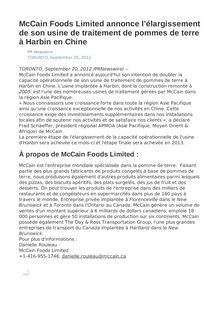 McCain Foods Limited annonce l élargissement de son usine de traitement de pommes de terre à Harbin en Chine