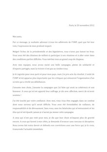 Elections UMP : lettre de remerciements François Fillon 