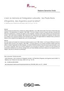 L exil, la mémoire et l intégration culturelle : les Pieds-Noirs d Argentine, des Argentins avant la lettre? - article ; n°1 ; vol.67, pg 113-118