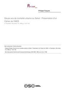 Douze ans de mortalité urbaine au Sahel : Présentation d un Cahier de l INED - article ; n°6 ; vol.43, pg 1123-1126
