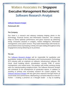 Wallace Associates Inc Singapore Executive Management Recruitment: Software Research Analyst