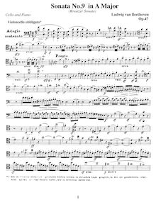 Partition de violoncelle, violon Sonata No.9, Op.47, Kreutzer Sonata