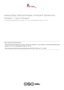 Aubey & Raxj, Droit civil français, 7e éd par P. Esmein et A. Ponsard, T. I par A. Ponsard - note biblio ; n°3 ; vol.17, pg 774-775