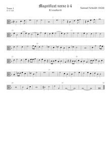 Partition 1st verse (Et exultavit) − ténor viole de gambe 1, alto clef, Tabulatura Nova