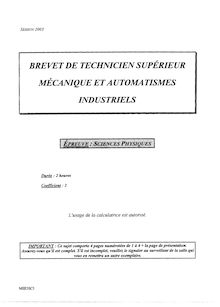 Sciences physiques 2003 BTS Mécanique et automatismes industriels