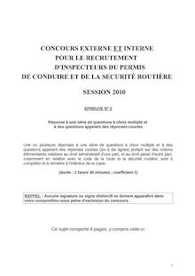 QCM 2010 Externe & Interne Inspecteur Permis de Conduire et Sécurité Routière