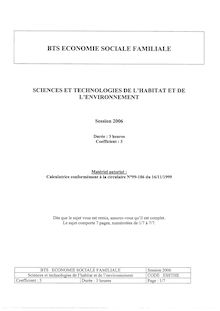 Sciences et technologies de l habitat et de l environnement 2006 BTS Économie sociale et familiale