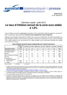 Estimation rapide - juillet 2013, le taux d’inflation annuel de la zone euro stable à 1,6% (31/07/2013)