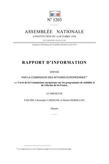 Rapport d information déposé par la commission des affaires européennes sur l avis de la Commission européenne sur les programmes de stabilité et de réforme de la France