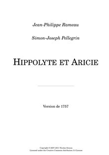 Partition complète (concert), Hippolyte et Aricie, Tragédie en musique en cinq actes et un prologue