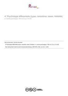 Psychologie différentielle (types, caractères, sexes, hérédité) - compte-rendu ; n°1 ; vol.22, pg 313-322