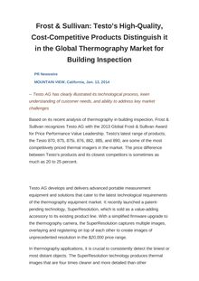 Frost & Sullivan: Testo s High-Quality, Cost-Competitive Products Distinguish it in the Global Thermography Market for Building Inspection
