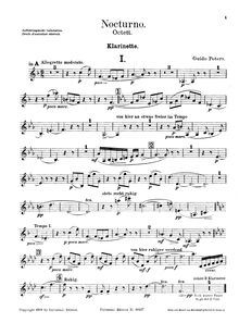 Partition clarinette, Nocturne pour vents et cordes, Nocturno. Octett [für] Oboe, Klarinette, Fagott, Horn, Violine I/II, Viola, Violoncell.