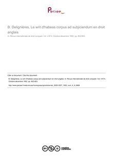 B. Delignières, Le writ d habeas corpus ad subjiciendum en droit anglais - note biblio ; n°4 ; vol.4, pg 802-803