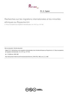 Recherches sur les migrations internationales et les minorités ethniques au Royaume-Uni - article ; n°3 ; vol.5, pg 157-162