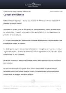 Conseil de Défense -  François Hollande confirme la persistance d une menace terroriste élevée sur notre territoire