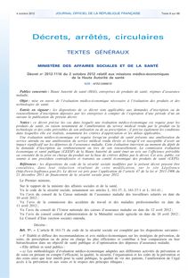 Lois et décrets relatifs à la HAS - Décret du 02 octobre 2012