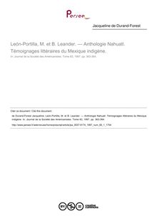 León-Portilla, M. et B. Leander. — Anthologie Nahuatl. Témoignages littéraires du Mexique indigène.  ; n°1 ; vol.83, pg 363-364