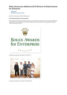 Rolex Announces Additional 2012 Winners of Global Awards for Enterprise
