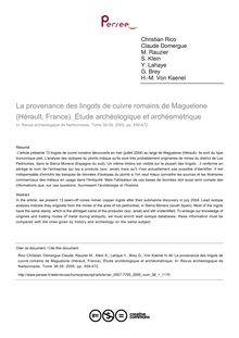 La provenance des lingots de cuivre romains de Maguelone (Hérault, France). Étude archéologique et archéométrique - article ; n°1 ; vol.38, pg 459-472