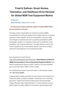 Frost & Sullivan: Smart Homes, Telematics, and Healthcare Drive Demand for Global M2M Test Equipment Market