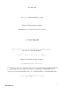 Mathématiques 2009 S.T.G (Communication et Gestion des Ressources Humaines) Baccalauréat technologique