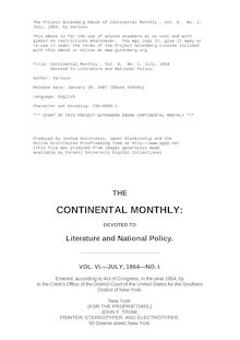 Continental Monthly , Vol. 6,  No. 1, July, 1864 - Devoted to Literature and National Policy.