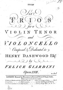 Partition violon, 6 Trios pour violon, ténor et violoncelle, Giardini, Felice