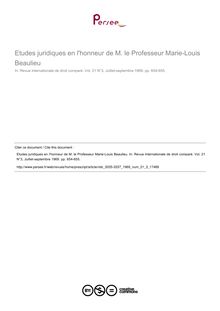 Etudes juridiques en l honneur de M. le Professeur Marie-Louis Beaulieu - note biblio ; n°3 ; vol.21, pg 654-655