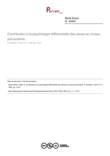 Contribution à la psychologie différentielle des sexes au niveau pré-scolaire - article ; n°1 ; vol.7, pg 13-23