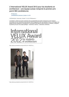 L International VELUX Award 2012 pour les étudiants en architecture : une équipe suisse remporte le premier prix parmi 983 candidatures
