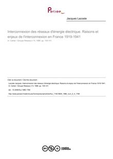 Interconnexion des réseaux d énergie électrique. Raisons et enjeux de l interconnexion en France 1919-1941 - article ; n°4 ; vol.2, pg 105-141