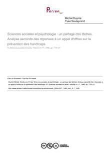Sciences sociales et psychologie : un partage des tâches. Analyse seconde des réponses à un appel d offres sur la prévention des handicaps - article ; n°1 ; vol.4, pg 119-131