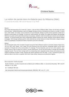La notion de parole dans le dialecte peul du Mâssina (Mali) - article ; n°1 ; vol.57, pg 45-66