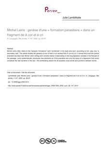 Michel Leiris : genèse d une « formation parasitaire » dans un fragment de A cor et à cri - article ; n°147 ; vol.36, pg 85-97
