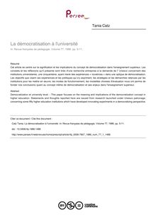 La démocratisation à l université - article ; n°1 ; vol.77, pg 5-11