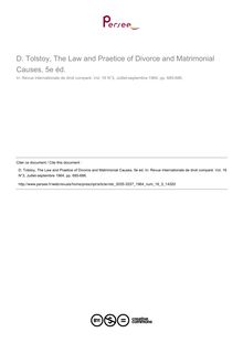 D. Tolstoy, The Law and Praetice of Divorce and Matrimonial Causes, 5e éd. - note biblio ; n°3 ; vol.16, pg 685-686