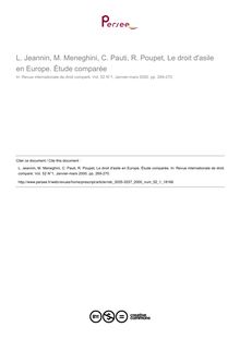 L. Jeannin, M. Meneghini, C. Pauti, R. Poupet, Le droit d asile en Europe. Étude comparée - note biblio ; n°1 ; vol.52, pg 269-270