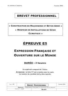 Expression française et ouverture sur le monde 2004 BP - Monteur en installations de génie climatique
