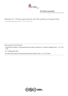 Massey D., Power-geometries and the politics of space-time - article ; n°619 ; vol.110, pg 332-332