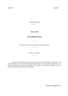 Mathématiques Paris et Cachan 2003 Classe Prepa MP Concours Ecole Normale Supérieure