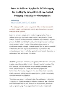 Frost & Sullivan Applauds EOS imaging for its Highly Innovative, X-ray-Based Imaging Modality for Orthopedics