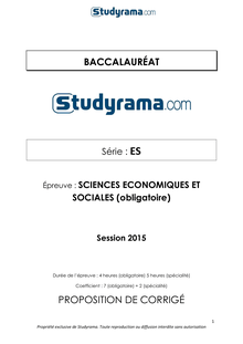 Corrigé BAC ES 2015 Sciences économique et sociales (SES)