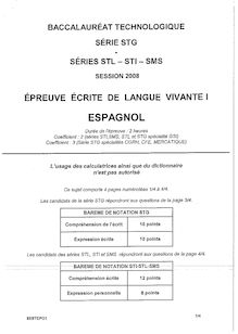 Sujet du bac STG 2008: épreuve écrite de langue vivante 1 Espagnol LV1